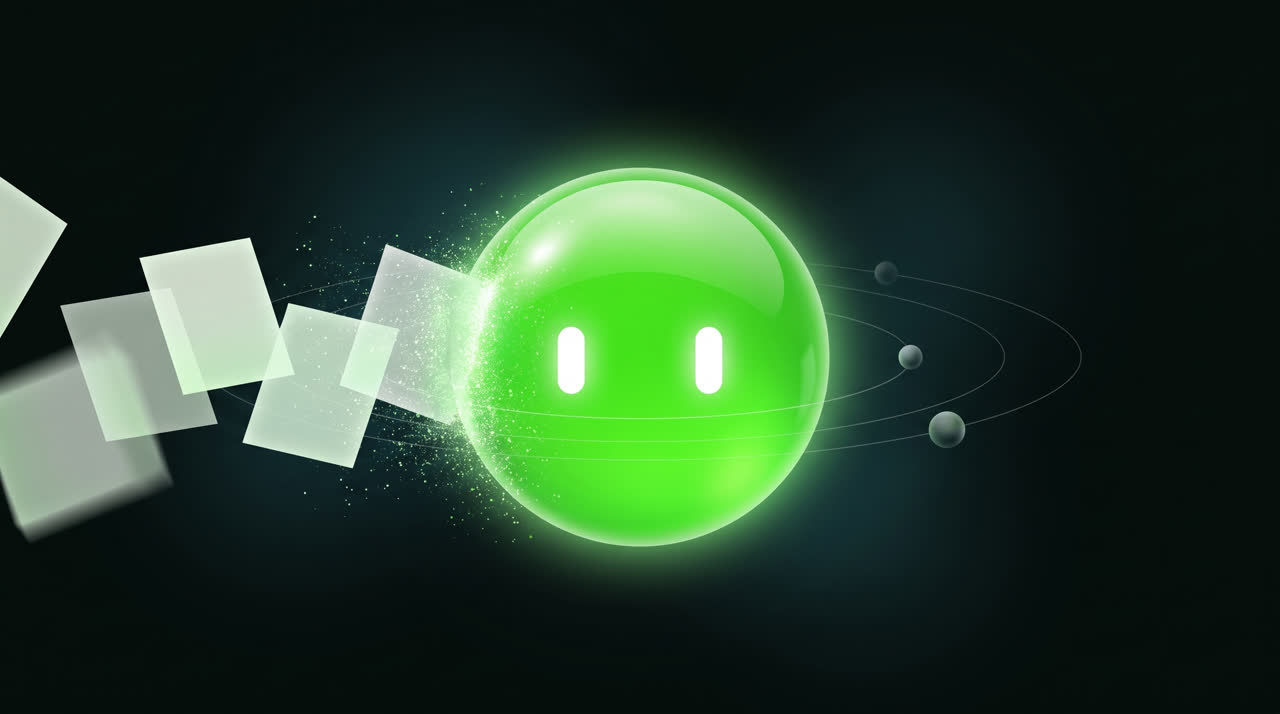 Hojas de luz que entran en Kiwi y se disuelven en su brillo, con tres cuentas orbitando.