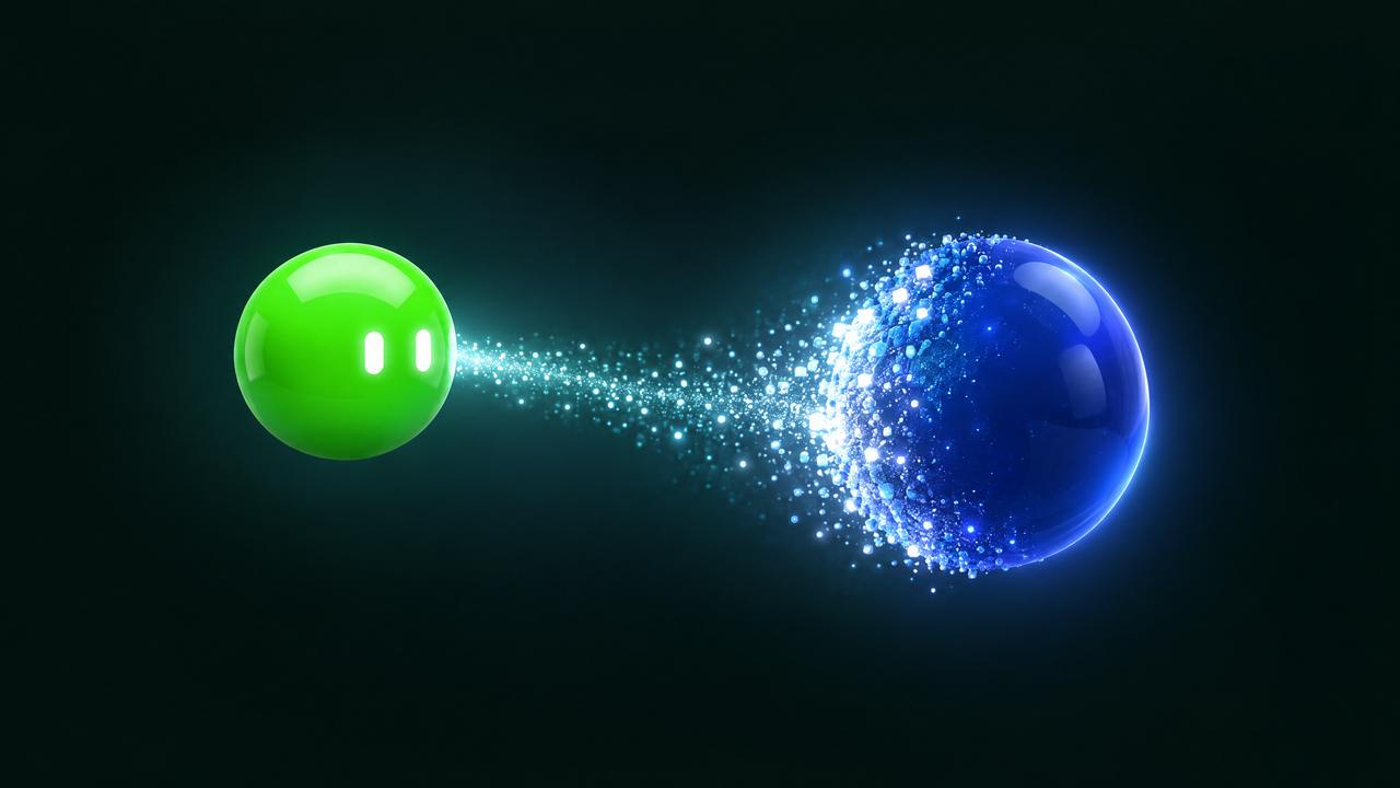 Kiwi vierte un reguero de partículas de luz que se agrupan a la derecha y forman un agente nuevo, azul.